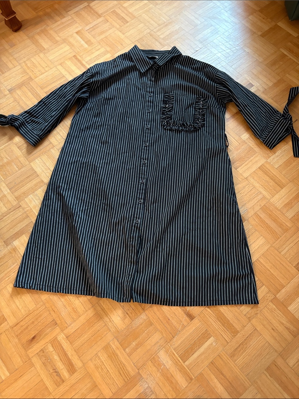 Kapris Black Pinstripe Button-Up Shirt Dress with Ruffle Pocket